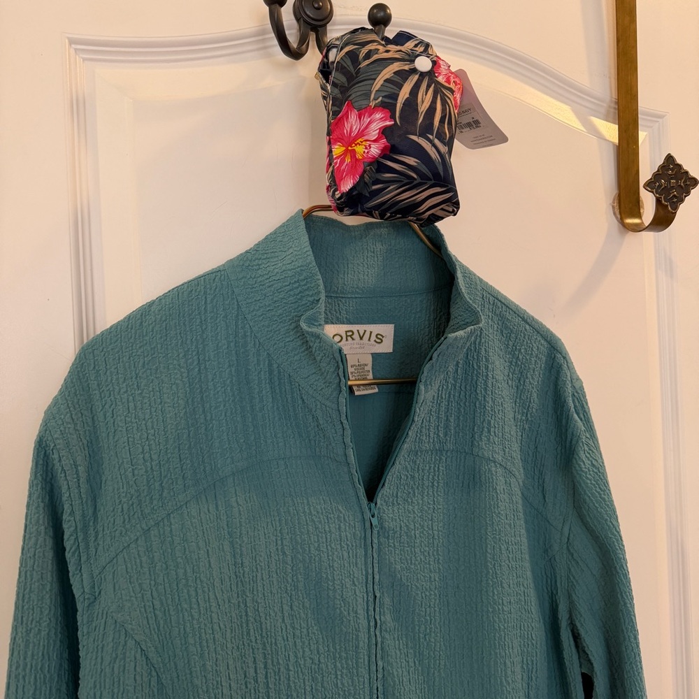 SET! Orvis Ladies Large Sea Green Krinkly Zip Up Jacket + NWT Travel Tote Bag